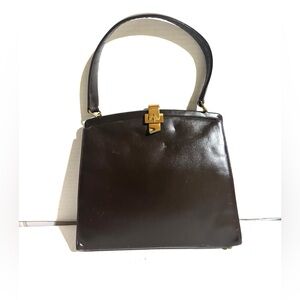 Vintage Dark Brown Leather Satchel with Gold Lock